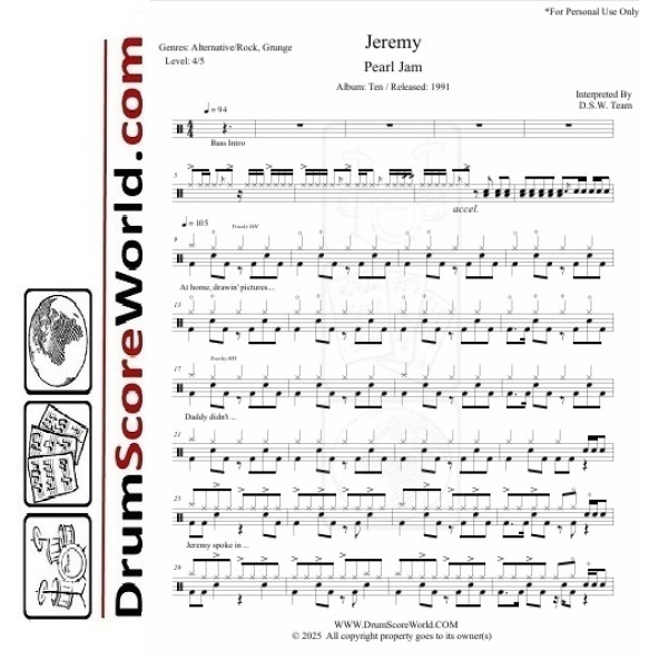 Pearl Jam - Jeremy | Drum Sheet Pearl Jam - Jeremy | Drum Sheet
